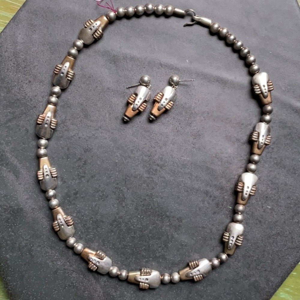 Sterling Silver with Bronze Beaded Necklace and Post Earring Set